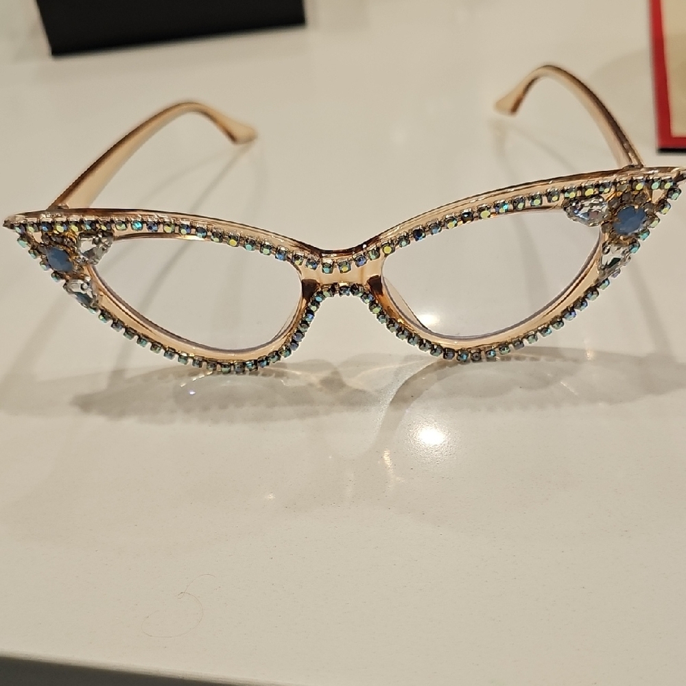 Crystal-Embellished Cat Eye Reading Glasses - Champagne